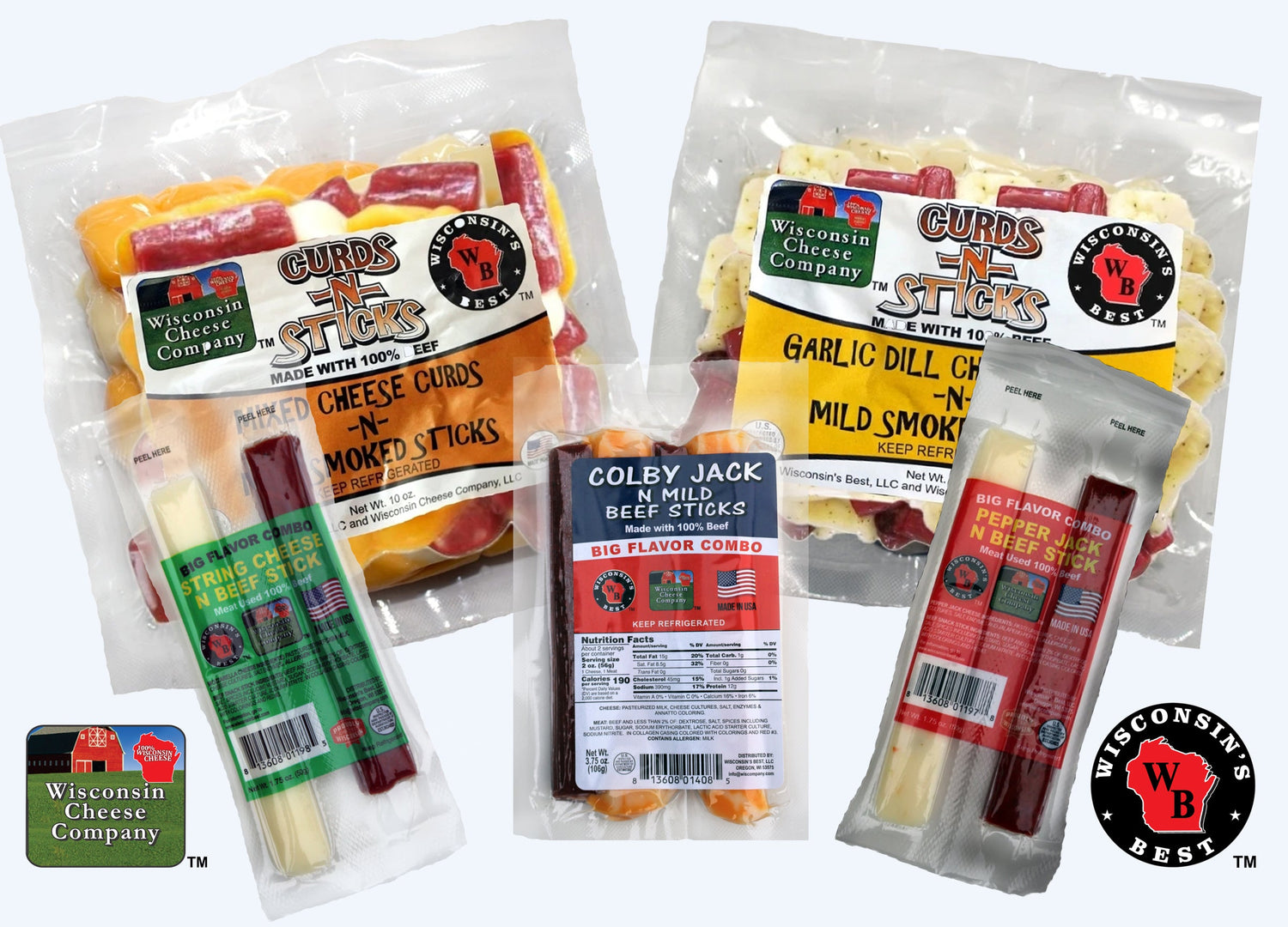 Cheese and beef snacks, featuring cheese curds and meat and cheese sticks