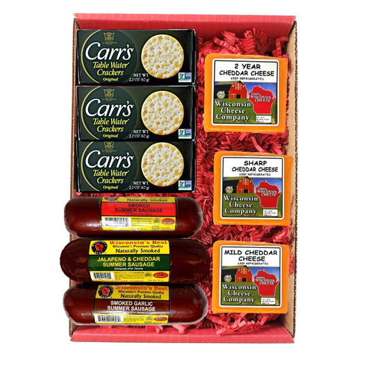 Gourmet food gift box with crackers, cheese and sausage