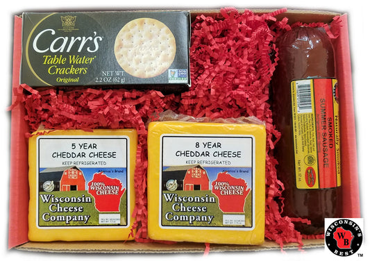 Gift box with sausage, crackers and cheese