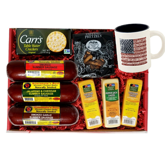 Ultimate USA gift box with cheese, sausage, crackers, pretzels and an American flag mug