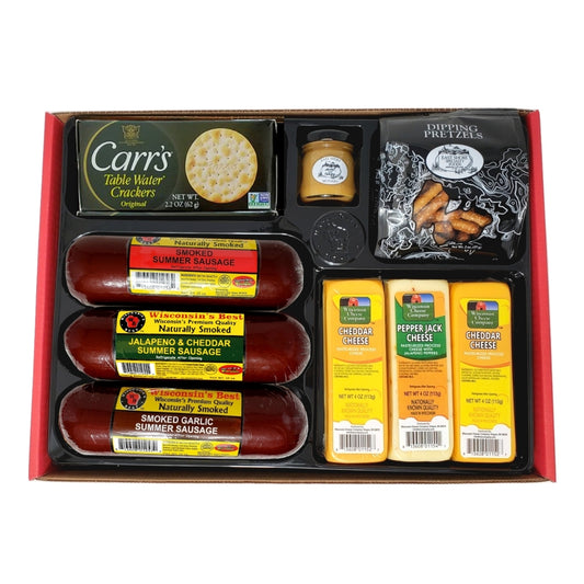 Gift box with Summer Sausage, Cheese, Pretzels, Mustard and crackers