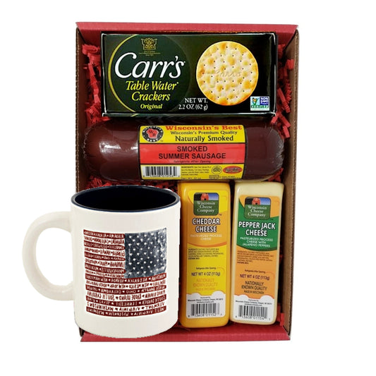 Cheese, sausage and cracker gift box with an American flag mug