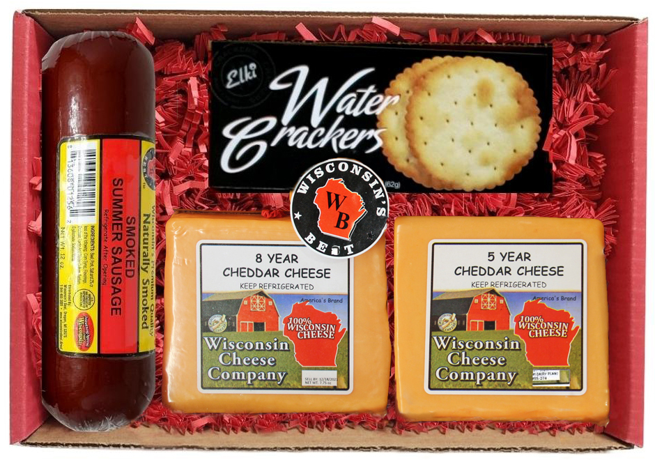 Cheese and sausage gift box with 2 blocks of cheddar cheese, sausage and crackers