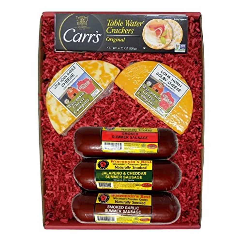 gift box with cheese, sausage and crackers