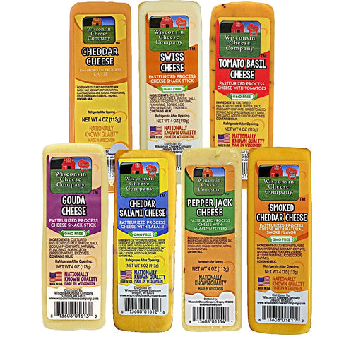 WISCONSIN CHEESE COMPANY'S - Specialty Cheese Blocks, Assortment Sampler (7-4 oz. Blocks) Cheddar, Pepper Jack, Swiss, Gouda, Cheddar Salami, Smoked Cheddar and Tomato Basil. Cheese for Crackers. Great Holiday Cheese Assortment for Gift Baskets.