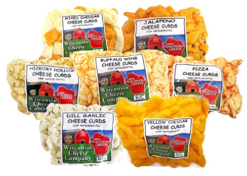 Image of cheese curds featuring 7 flavors: mixed cheddar, jalapeno, pizza, yellow cheddar, dill garlic, buffalo wing, hickory hollow.