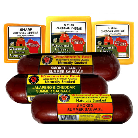 WISCONSIN'S BEST AND WISCONSIN CHEESE COMPANY'S - 100% Wisconsin AGED Cheddar Cheese & Smoked Summer Sausage Sampler. A Great Cheese and Meat Gift Set! Send for a Birthday Gift, Christmas Gift Box, Gourmet Charcuterie Gift Set