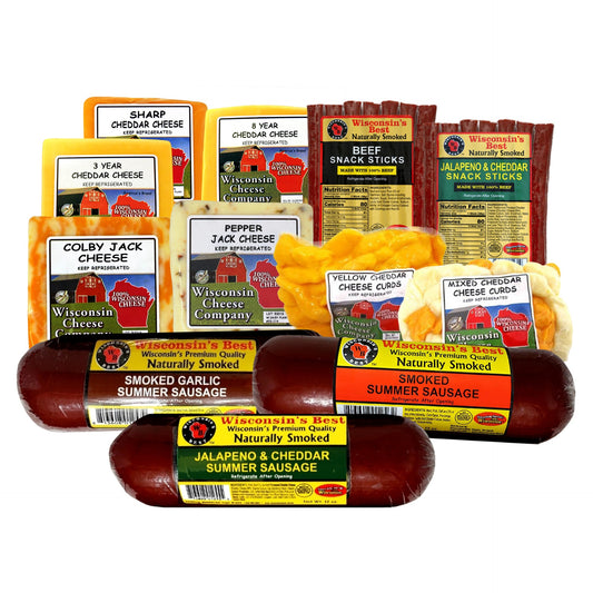 Top Selling Deluxe Famous Cheese Curds, Cheese Blocks, Summer Sausage and Meat Stick Gift Basket
