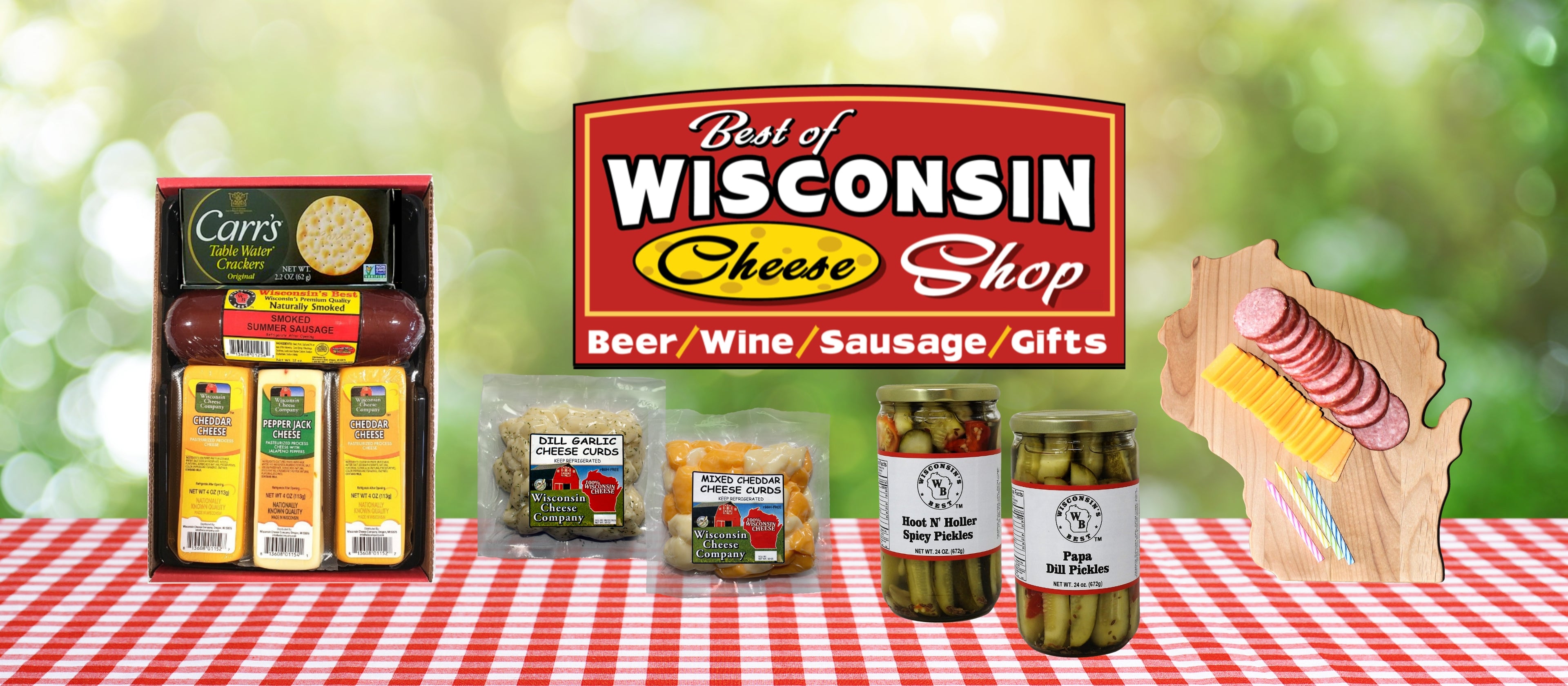 Large image of cheese and sausage gifts, cheese curds and pickles.