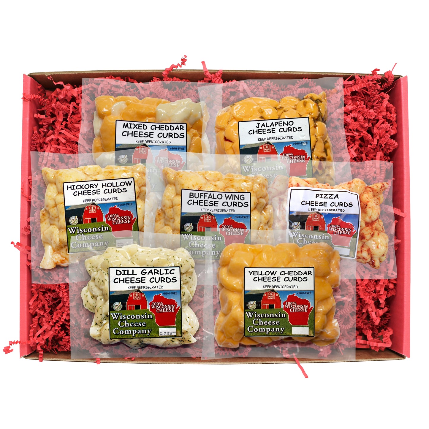 Wisconsin Cheese Company's Big Deluxe Cheese Curd Sampler, 7-10oz Flavored Cheese Curds, Famous & Fresh, Birthday and Mother's Day Cheese Gift Basket