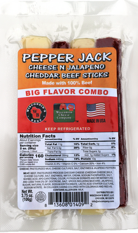 Pepper Jack n Beef Stick Big Combo Packs, 3.75 oz. Per Pack, 12 Count, Wisconsin Cheese Company™