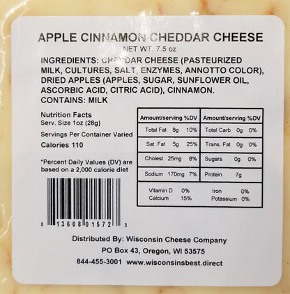 Wisconsin Apple Cinnamon Cheddar Cheese Blocks, 7 oz. Per Block, Cheese and Cracker Snack, Cheese Gift.