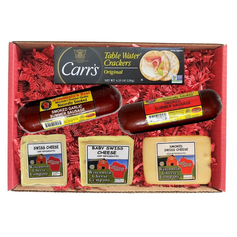 WISCONSIN BIG DELUXE SWISS CHEESE SAMPLER, SUMMER SAUSAGE AND CRACKER GIFT.  A Perfect Christmas Cheese and Cracker Gift Box.