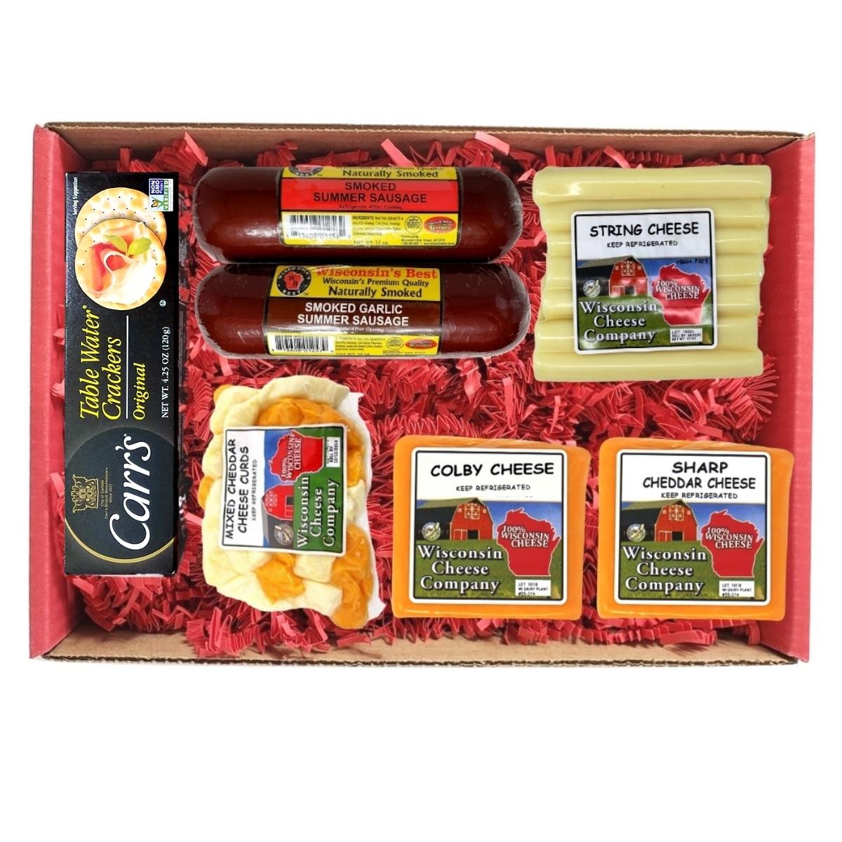 Gourmet gift box with crackers, cheese, cheese curds, summer sausage