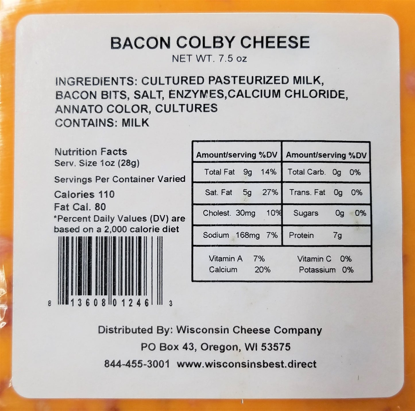 Wisconsin Cheese Bacon Colby Cheese Blocks, 7 oz. Per Block, A Great Cheese and Cracker Snack, Cheese Gift Idea