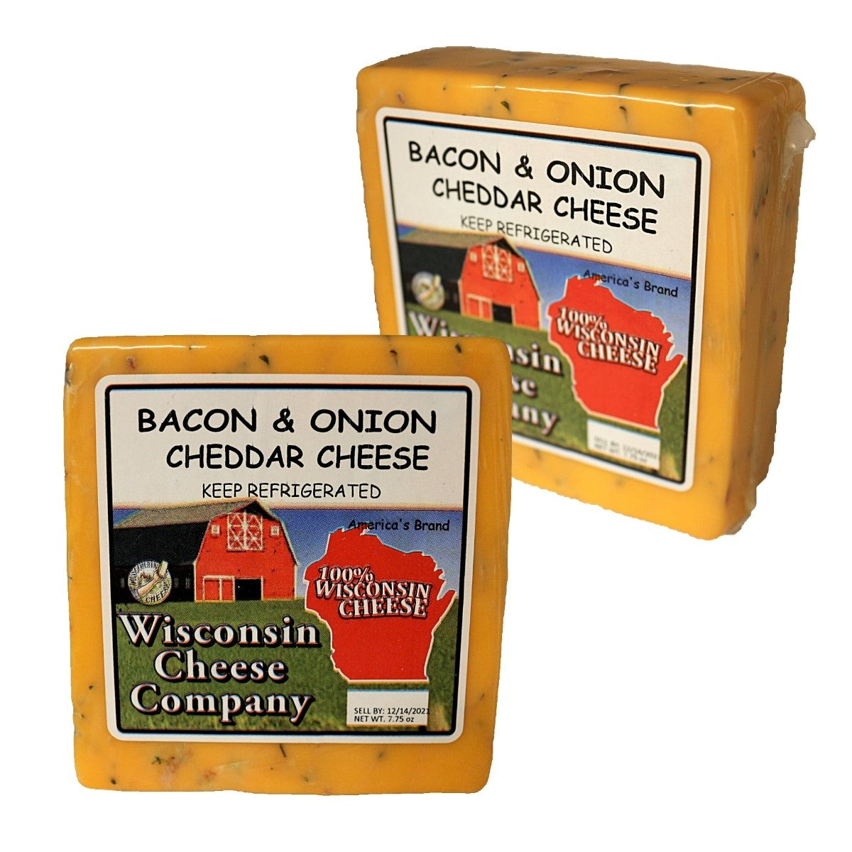 two blocks of bacon and onion cheddar cheese