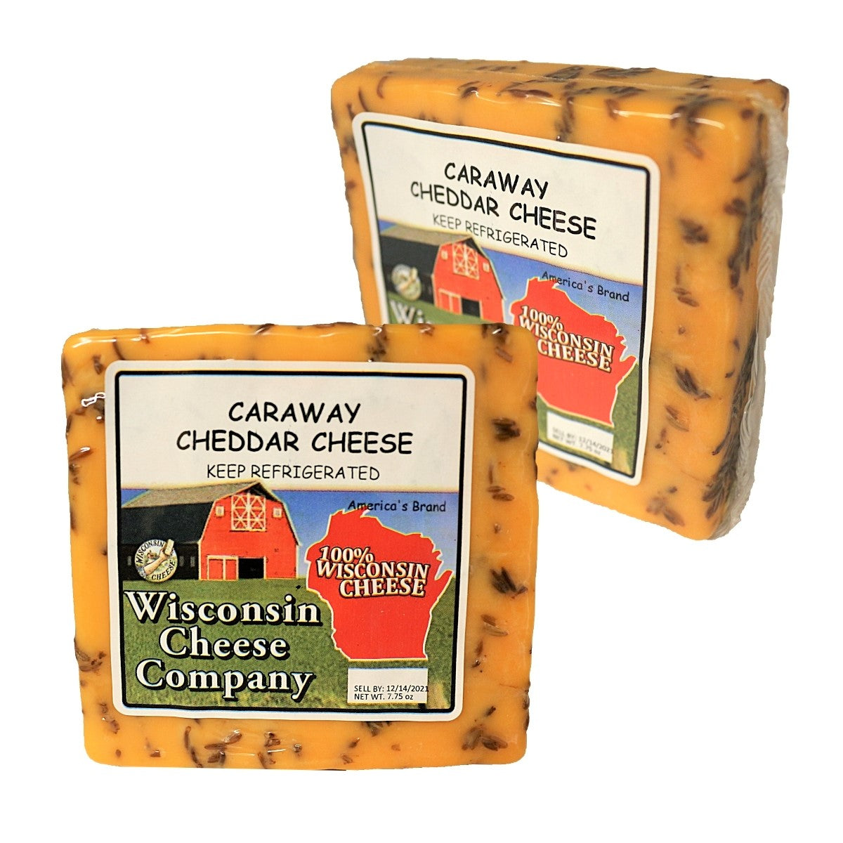 Two blocks of Caraway Cheddar Cheese