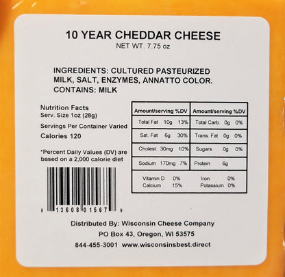 Wisconsin 10 Year Old Aged Cheddar Cheese Blocks, 7 oz. Per Block, Elite Cheese Selection, Great Gift Idea