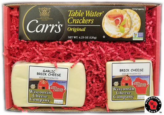 Gift box with Garlic Brick Cheese, Brick Cheese and table crackers