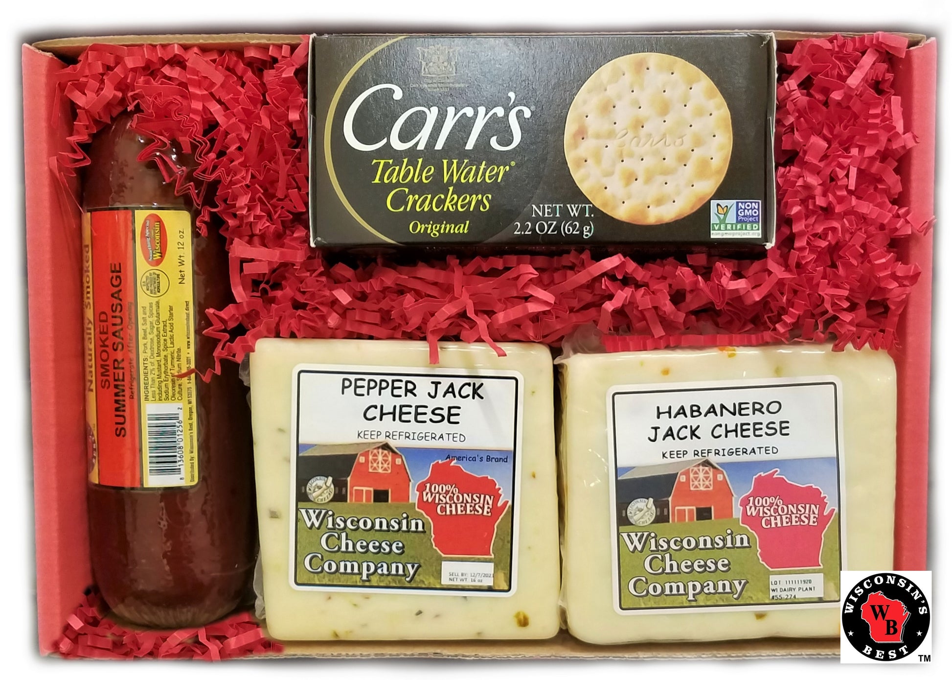 Gift box with crackers, sausage and cheese