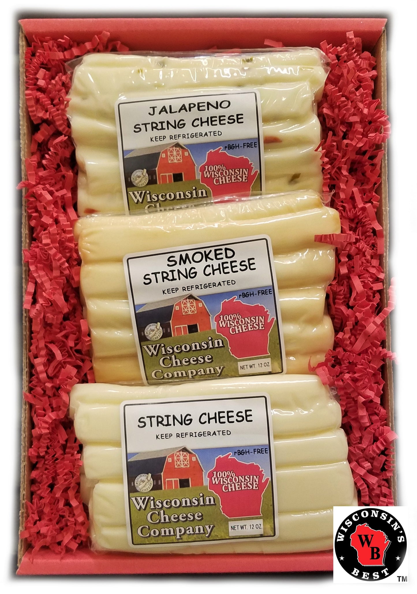 Gift box with three packs of string cheese
