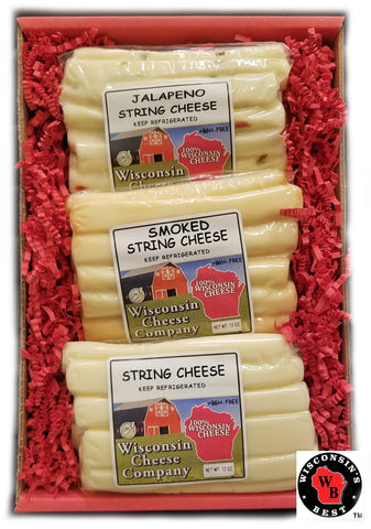 Wisconsin Cheese Company's String Cheese Sampler Gift Box. Holiday Cheese Assortment Gift, Original String, Pepper and Smoked String. Christmas Cheese Gift Box