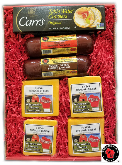 Gourmet food gift box with crackers, cheese and summer sausage