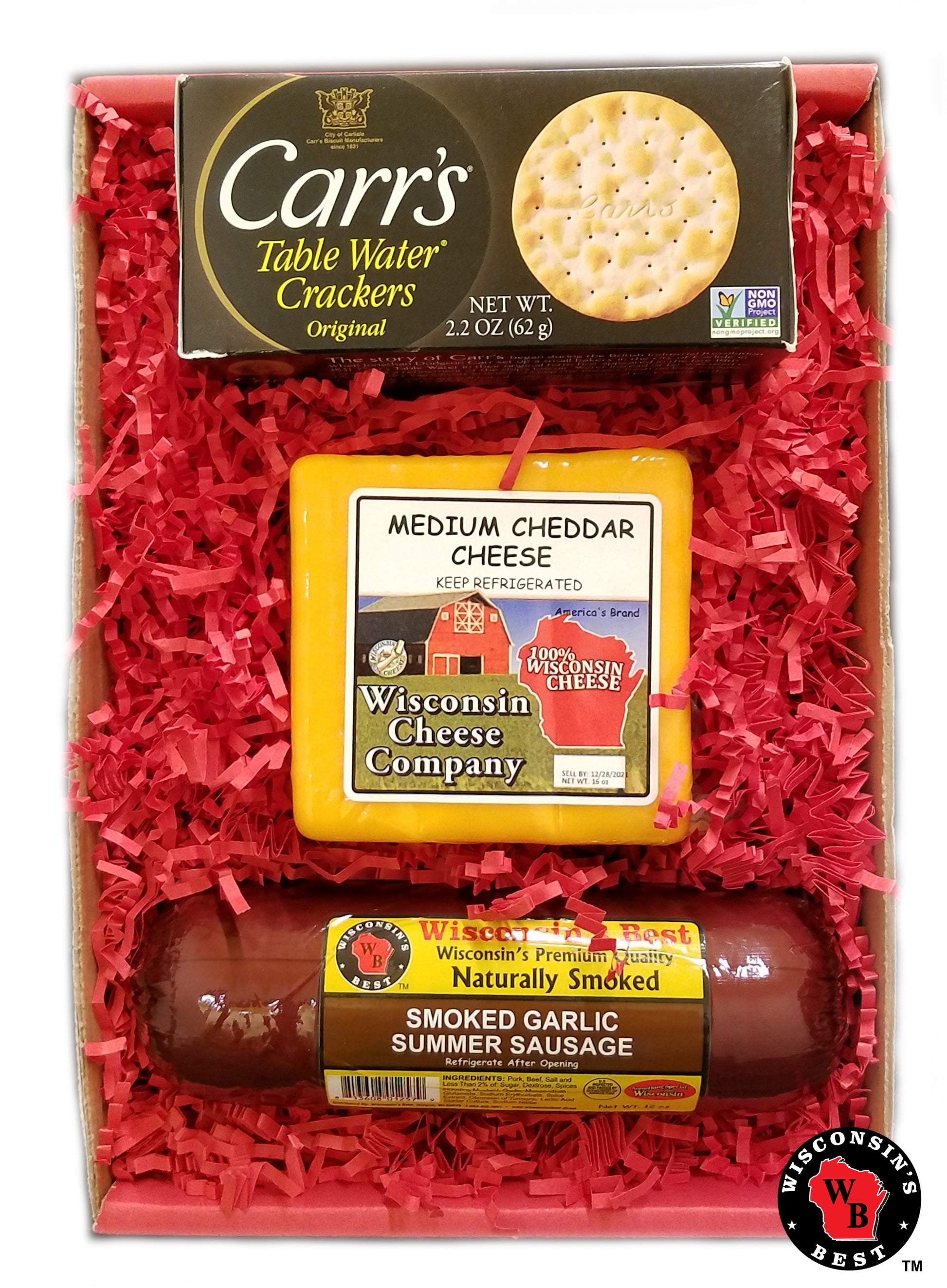 Gift box with crackers, cheese and sausage