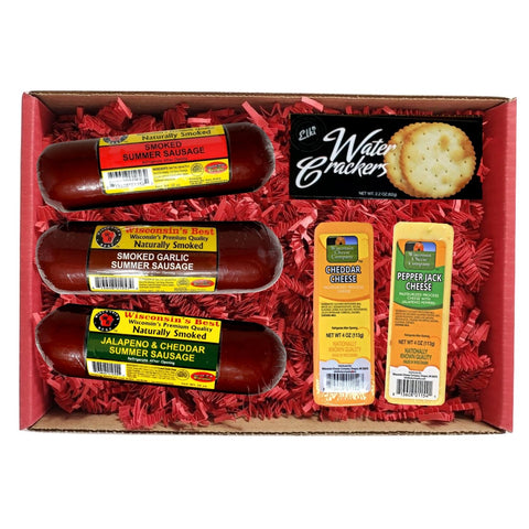 WISCONSIN CLASSIC CHEDDAR & PEPPER JACK CHEESE, CRACKER AND SUMMER SAUSAGE GIFT SET - PERFECT CHRISTMAS FOOD GIFT