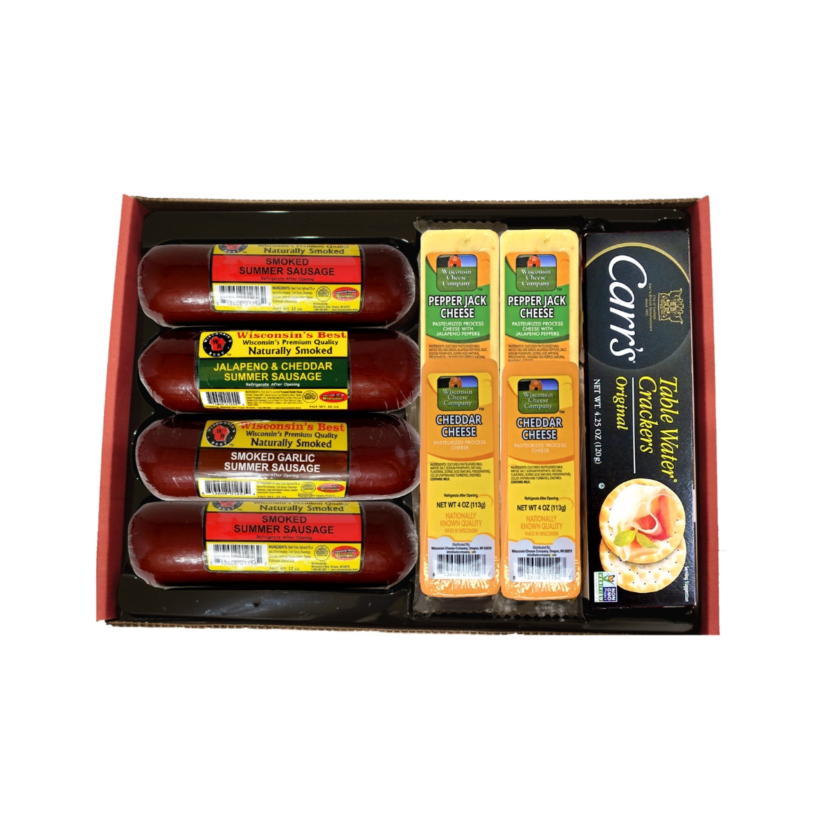 Wisconsin Ultimate Mancave Summer Sausage & Pepper Jack & Cheddar Cheese & Cracker Gift Box, Great Family Gourmet Gift