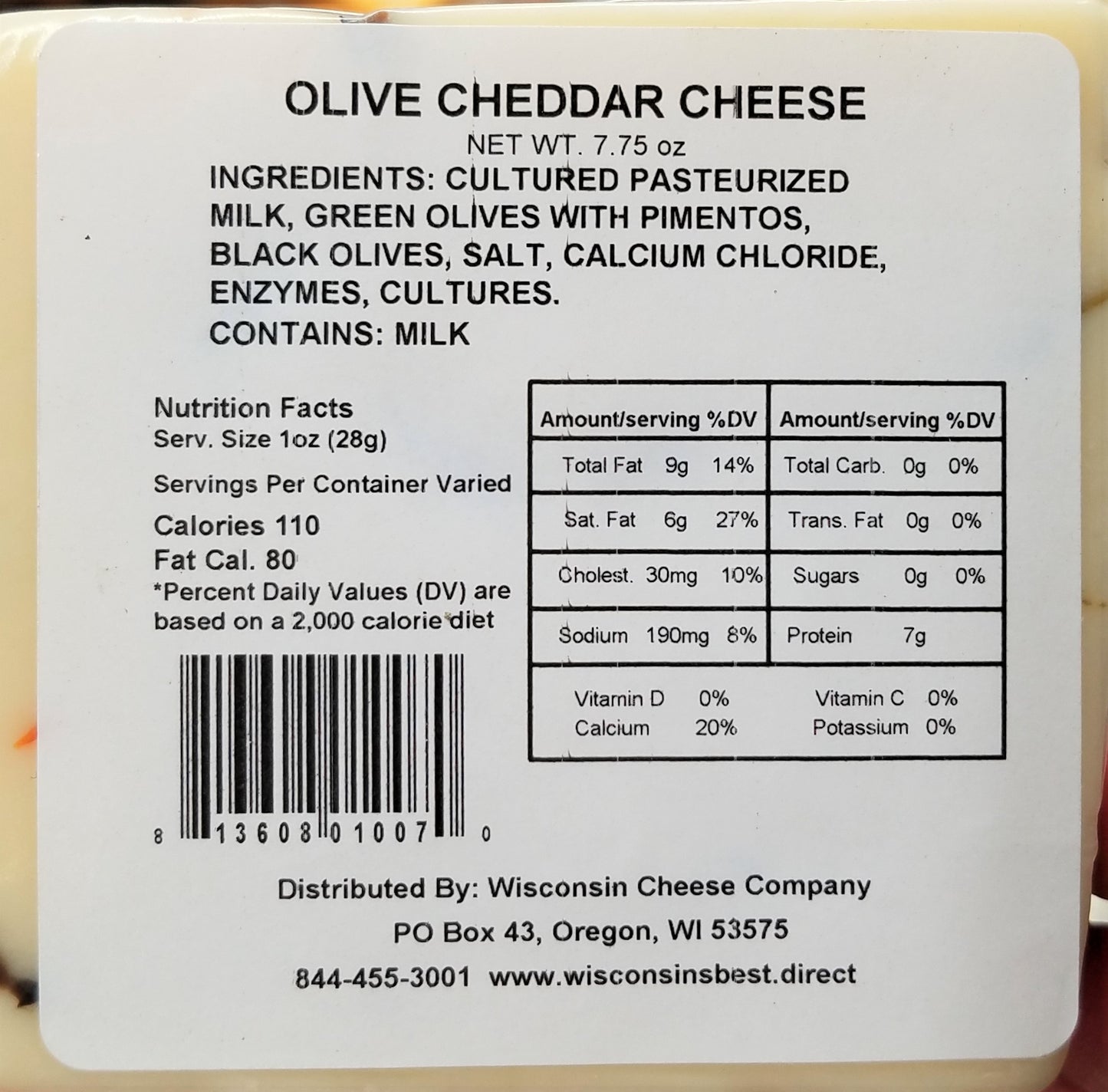 Olive Cheddar Cheese Blocks, 7 oz. Per Block, Wisconsin Cheese Company™ Cheese and Cracker Snack
