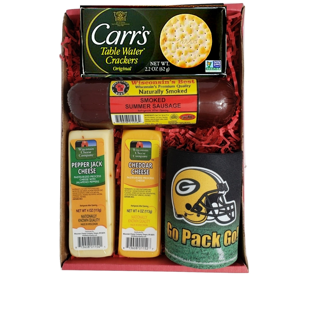 gourmet food gift box with cheese, sausage, crackers and a green bay packers coozie