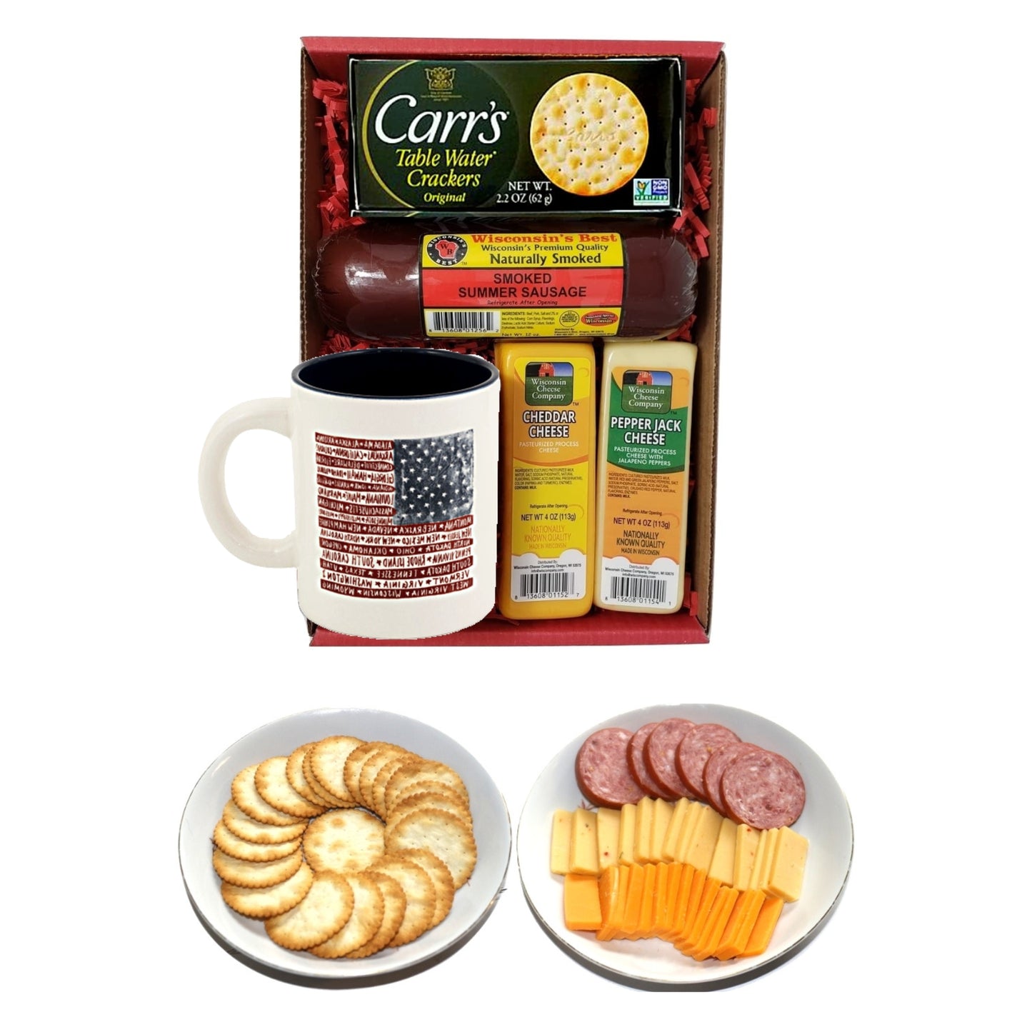"Wisconsin Cheese, Sausage & Crackers USA" Gift Box, Wisconsin Cheese Company™. A Great Gift for Birthdays or Mother's Day