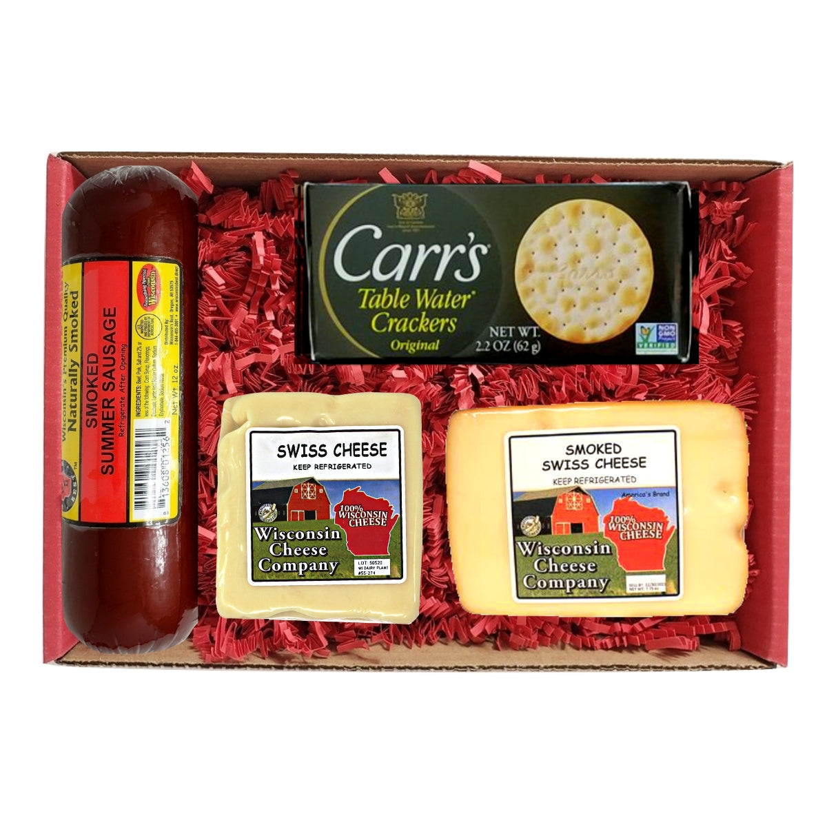 Gift box with crackers, sausage and cheese